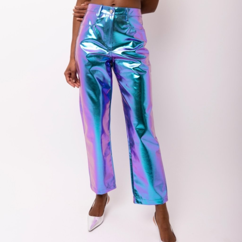 Amy Lynn Lupe Mid Rise Straight Faux Leather Metallic Trouser In Ombre